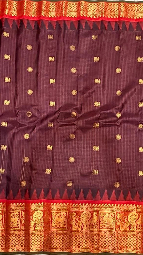Gadwal Silk Saree in Maroon & Crimson Red with Gold Zari Weave