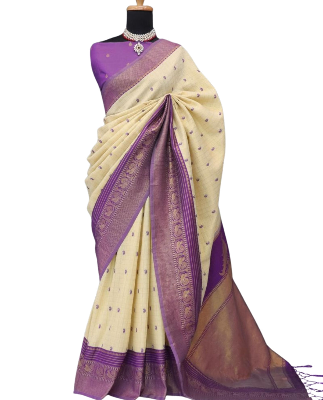 Handloom Silk Saree in Cream & Royal Purple
