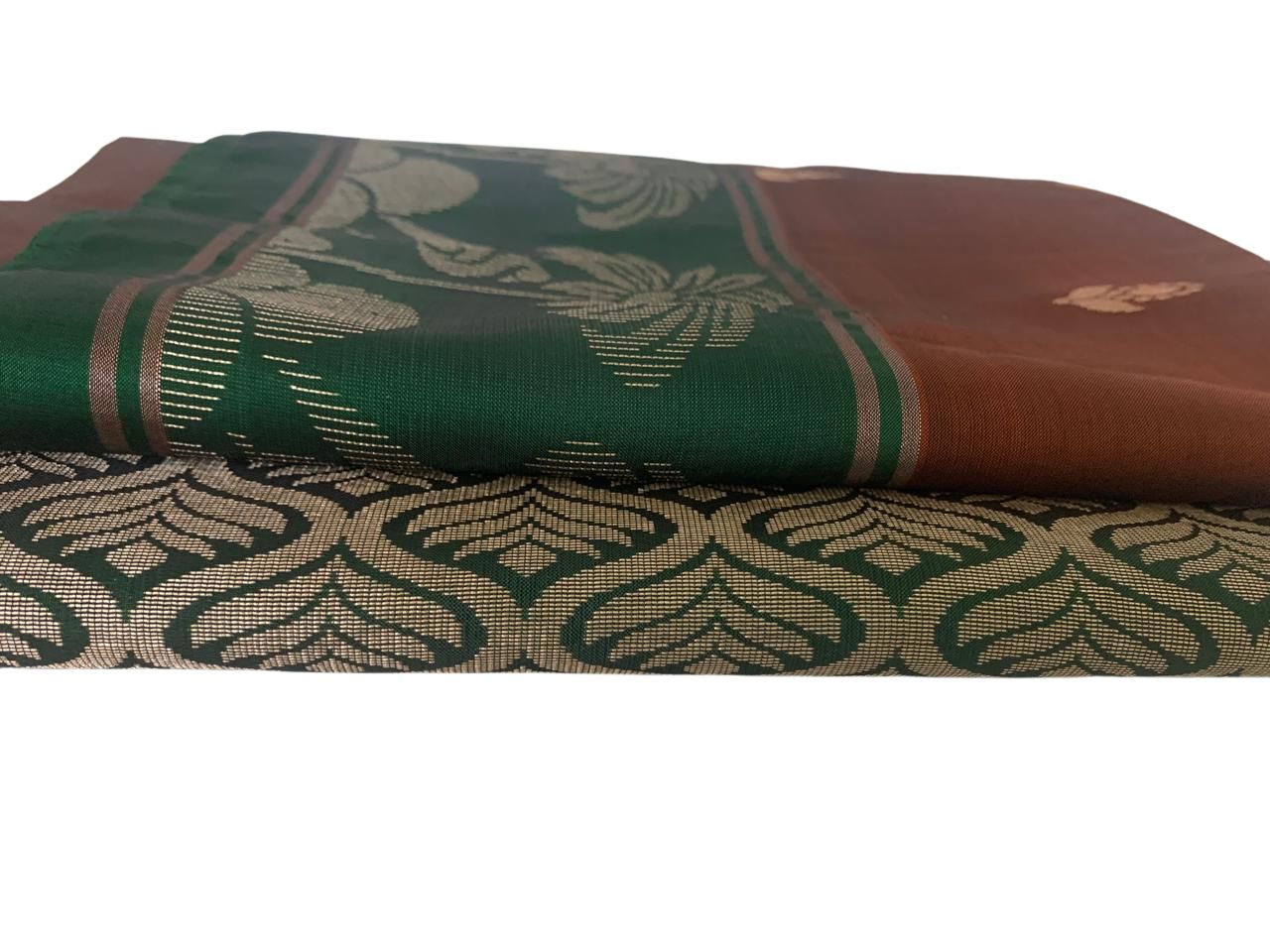 Rust Brown and Green Kanjeevaram Silk Saree with Zari Weave