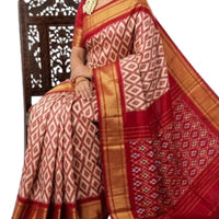 Red and Cream Pure Ikat Silk Saree with Rich Gold Zari Border