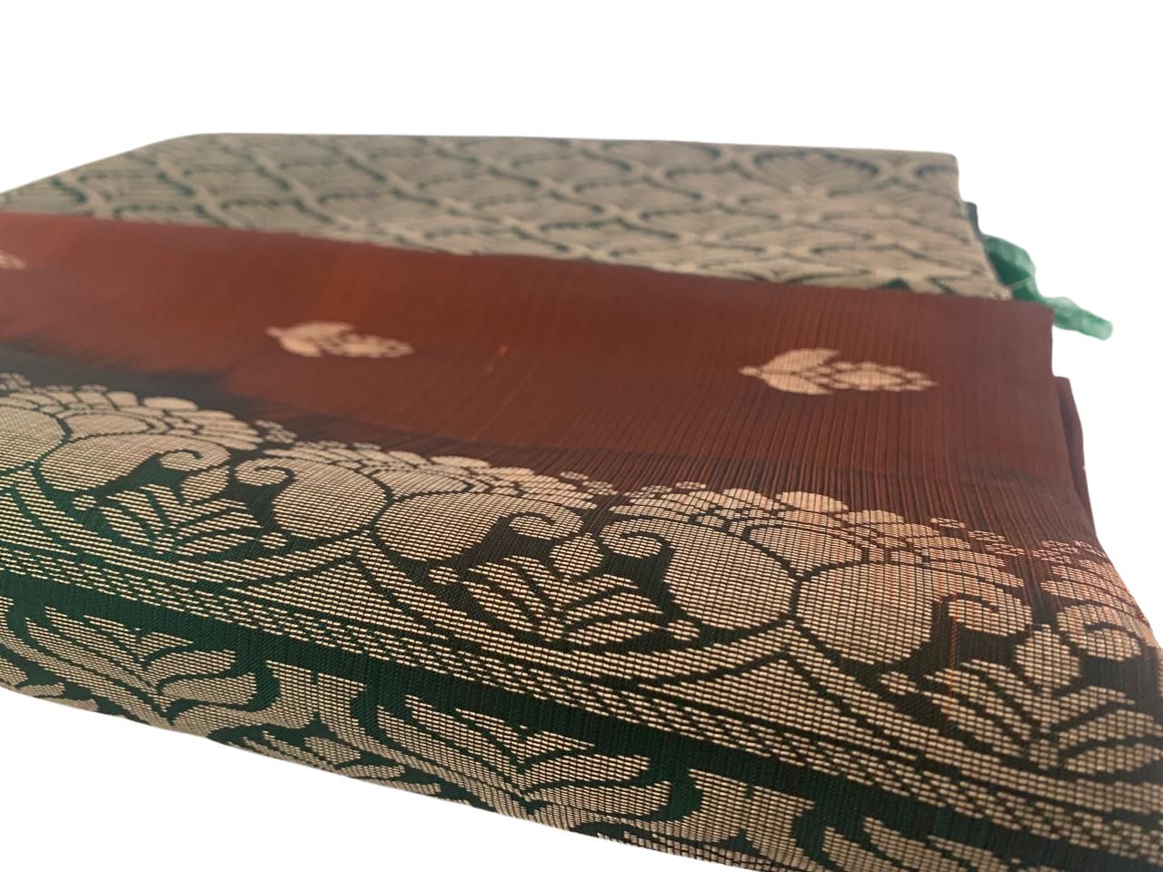 Rust Brown and Green Kanjeevaram Silk Saree with Zari Weave