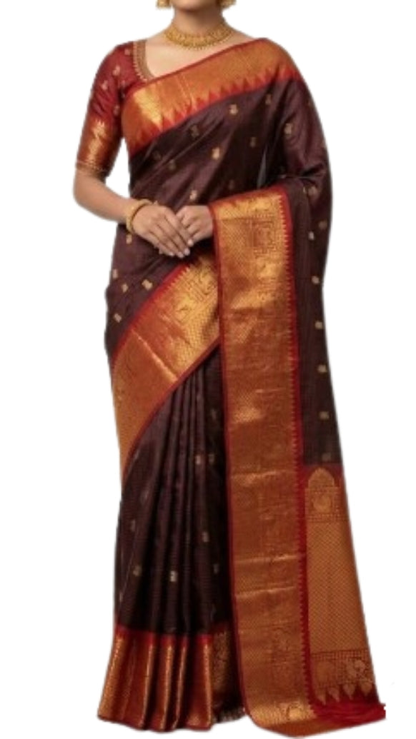 Gadwal Silk Saree in Maroon & Crimson Red with Gold Zari Weave