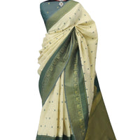 Handloom Silk Saree in Cream & Royal Teal