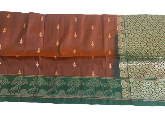 Rust Brown and Green Kanjeevaram Silk Saree with Zari Weave