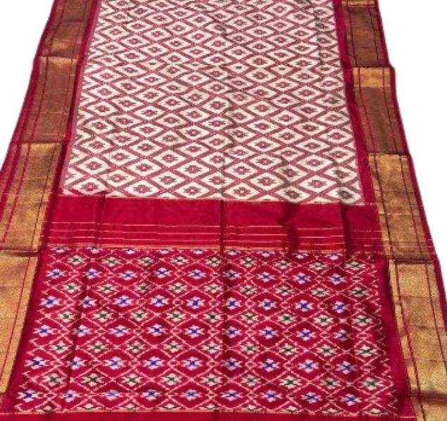 Red and Cream Pure Ikat Silk Saree with Rich Gold Zari Border
