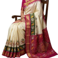Pure Handloom Ikkat Silk Saree in Cream & Magenta