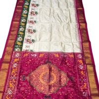 Pure Handloom Ikkat Silk Saree in Cream & Magenta