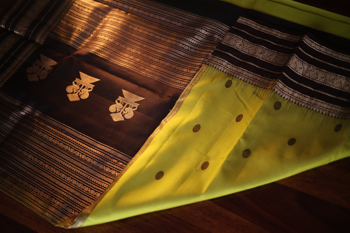 Vintage Kanjeevaram Silk Saree in Lime Green & Espresso Brown Zari Border