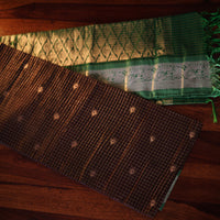 Brown and Green Kanjeevaram Silk Saree with Gold Zari Checks