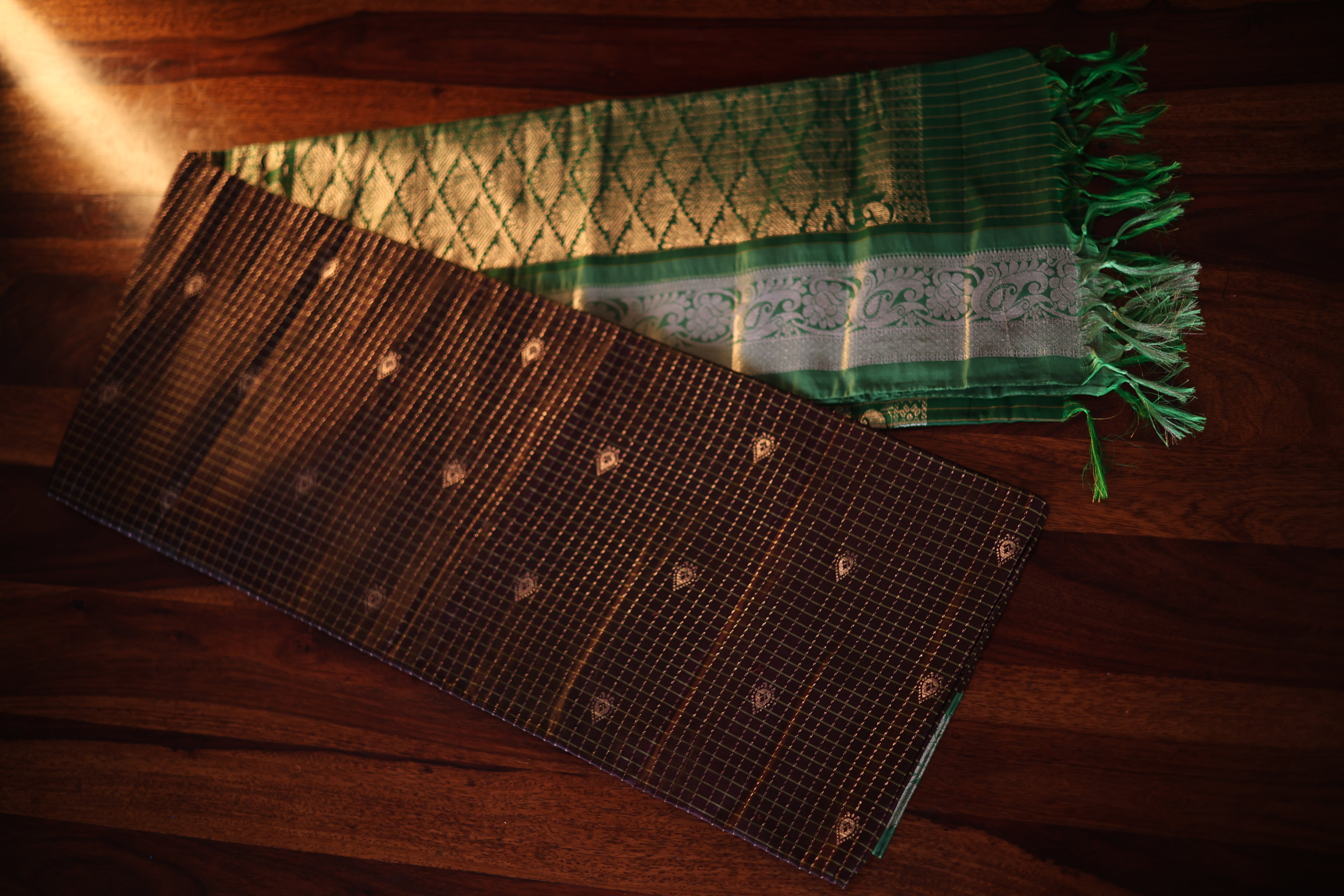 Brown and Green Kanjeevaram Silk Saree with Gold Zari Checks