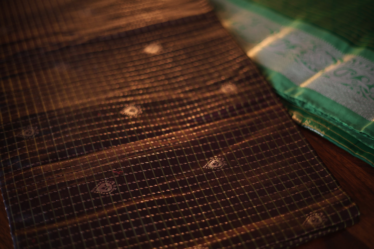 Brown and Green Kanjeevaram Silk Saree with Gold Zari Checks