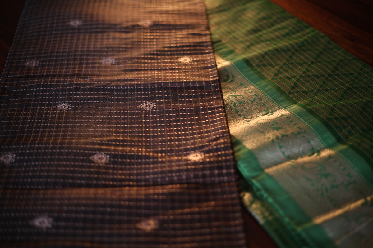Brown and Green Kanjeevaram Silk Saree with Gold Zari Checks