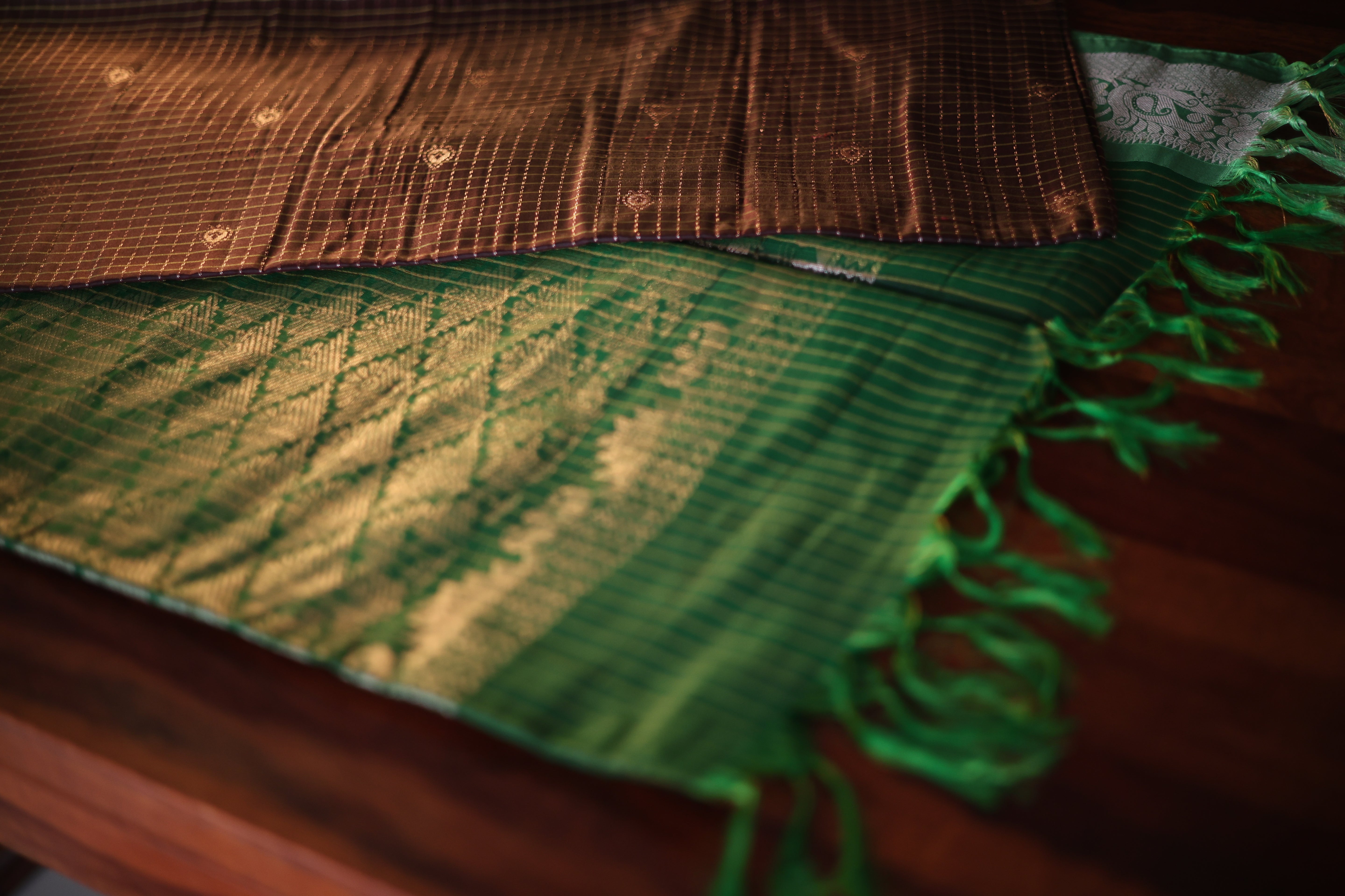 Brown and Green Kanjeevaram Silk Saree with Gold Zari Checks