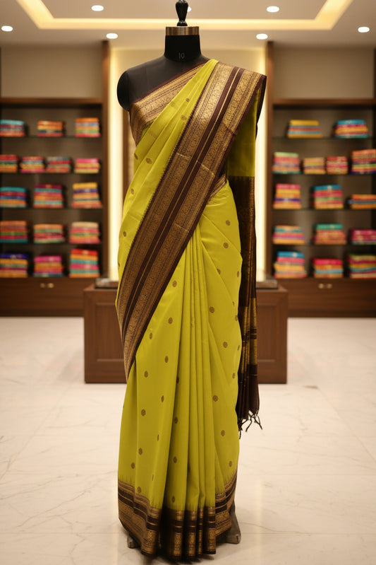 Vintage Kanjeevaram Silk Saree in Lime Green & Espresso Brown Zari Border