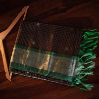 Brown and Green Kanjeevaram Silk Saree with Gold Zari Checks