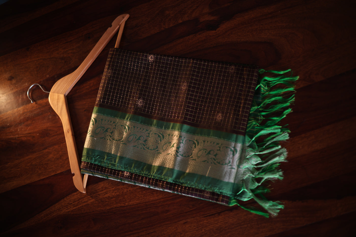 Brown and Green Kanjeevaram Silk Saree with Gold Zari Checks