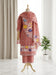 A three-piece women's salwar suit set in dusty rose pink. The set includes a kurta with colorful floral embroidery, matching trousers, and a coordinating dupatta.