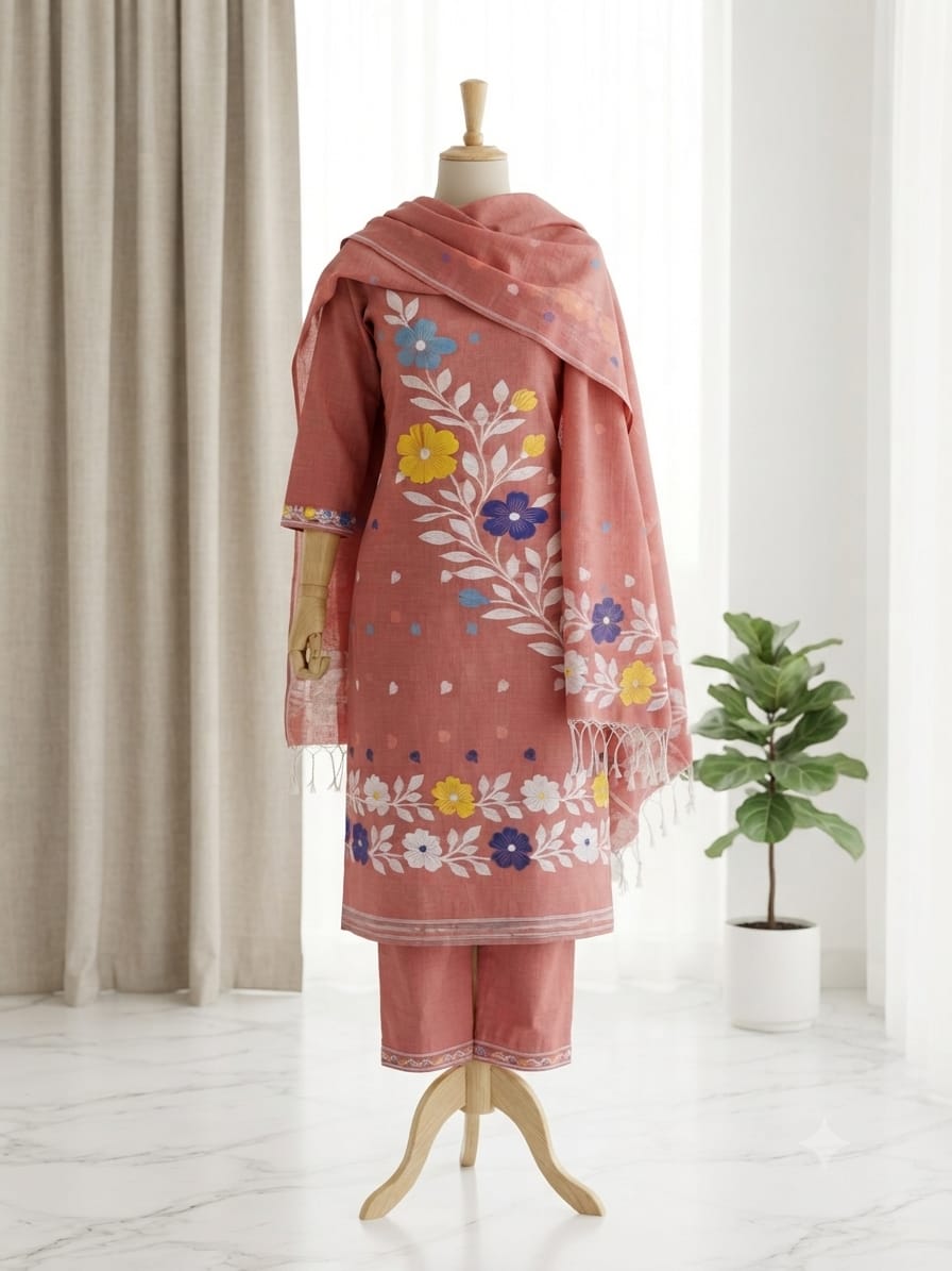 A three-piece women's salwar suit set in dusty rose pink. The set includes a kurta with colorful floral embroidery, matching trousers, and a coordinating dupatta.