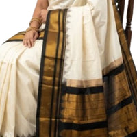 Elegant Off-White Pure Gadwal Silk Saree with Black Zari Border