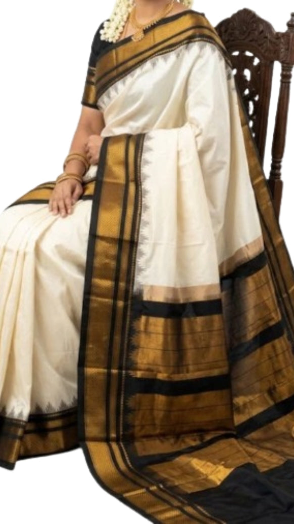 Elegant Off-White Pure Gadwal Silk Saree with Black Zari Border