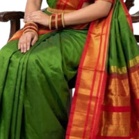 Classic Emerald Green & Red Gadwal Silk Saree with Gold Zari