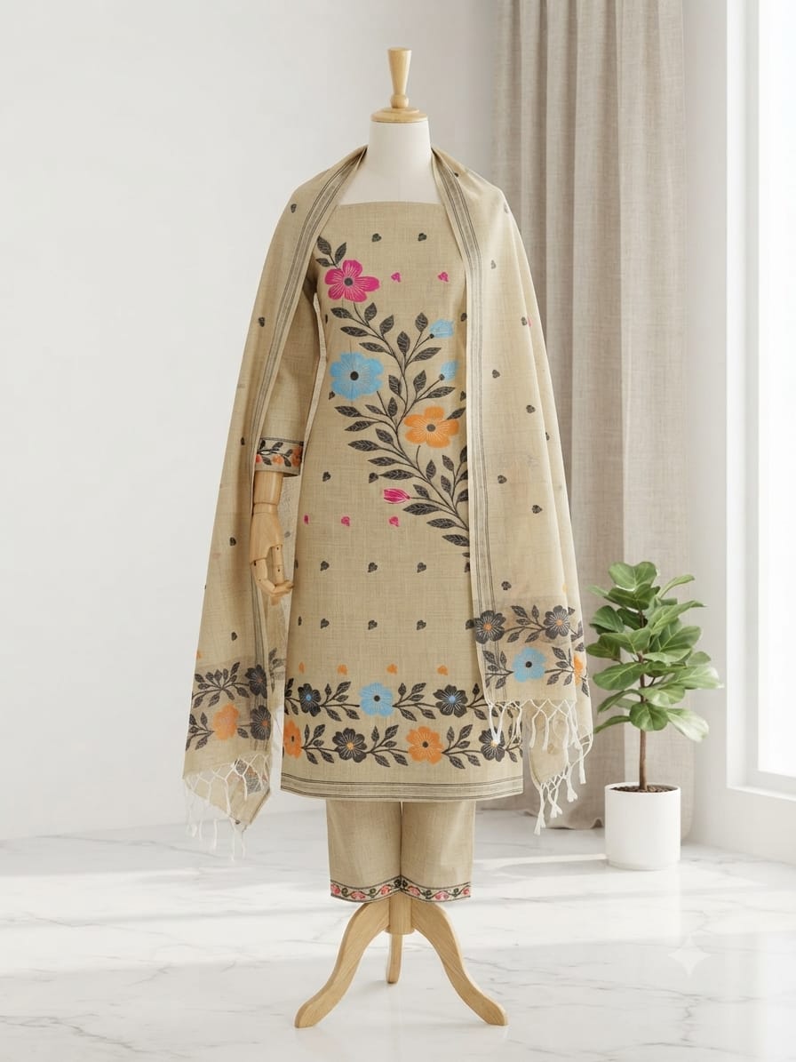 A beige three-piece traditional outfit  featuring a kurta with colorful floral embroidery, matching trousers, and a coordinating dupatta.