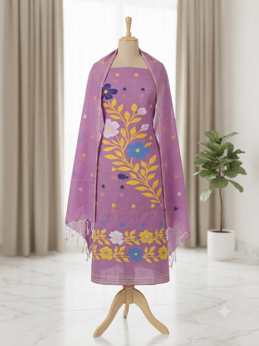A lavender purple dupatta with yellow floral embroidery and blue accents.