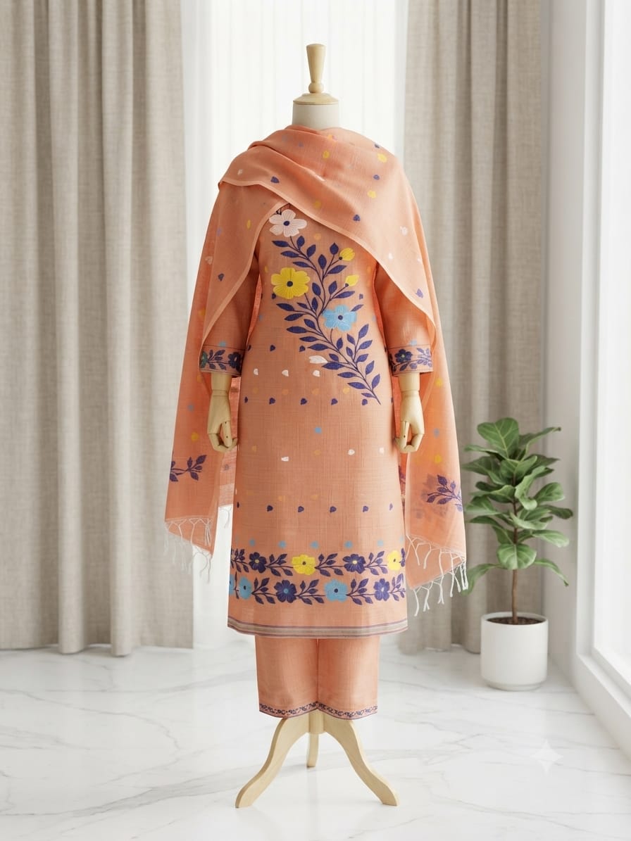 A peach-colored three-piece salwar kameez suit set with a matching dupatta draped. The kurta and trousers feature purple floral embroidery and yellow/blue floral accents.