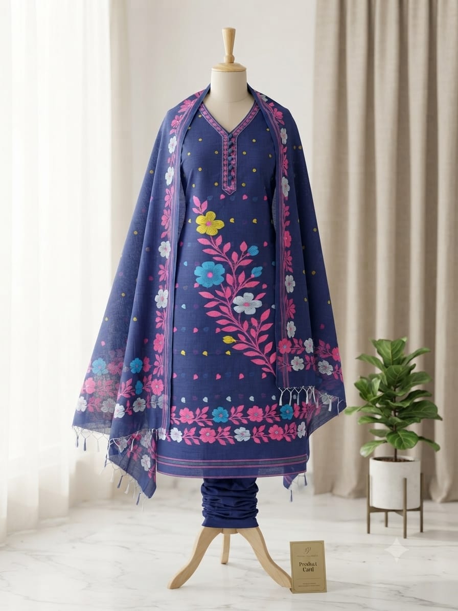 A navy blue embroidered ethnic outfit featuring a kurta with colorful floral patterns and a matching draped shawl. 