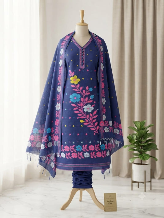 A navy blue embroidered ethnic outfit featuring a kurta with colorful floral patterns and a matching draped shawl. 