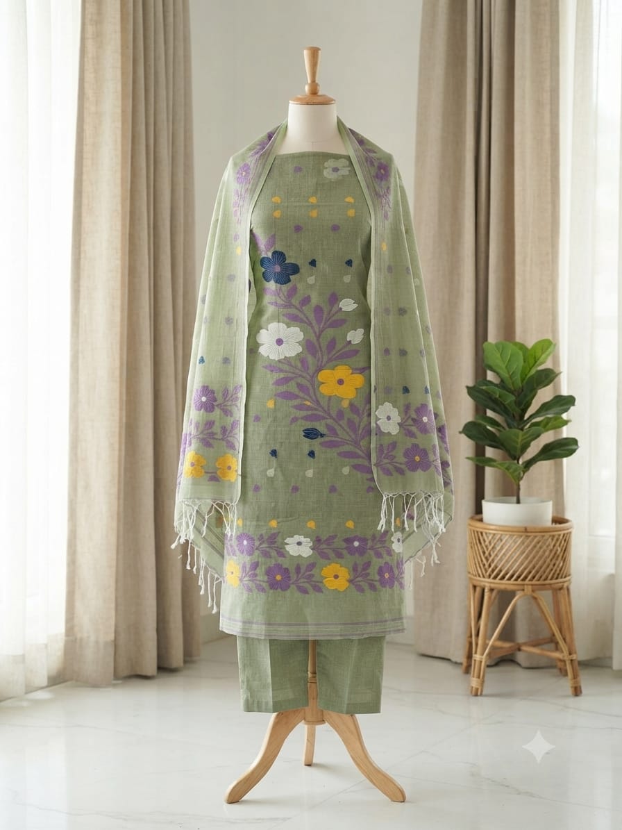 A sage green traditional outfit featuring a matching embroidered dupatta with white fringe.
