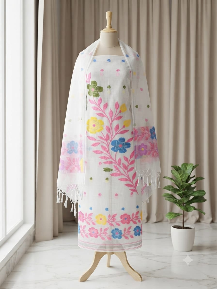 A white shawl with colorful floral patterns and fringed edges.