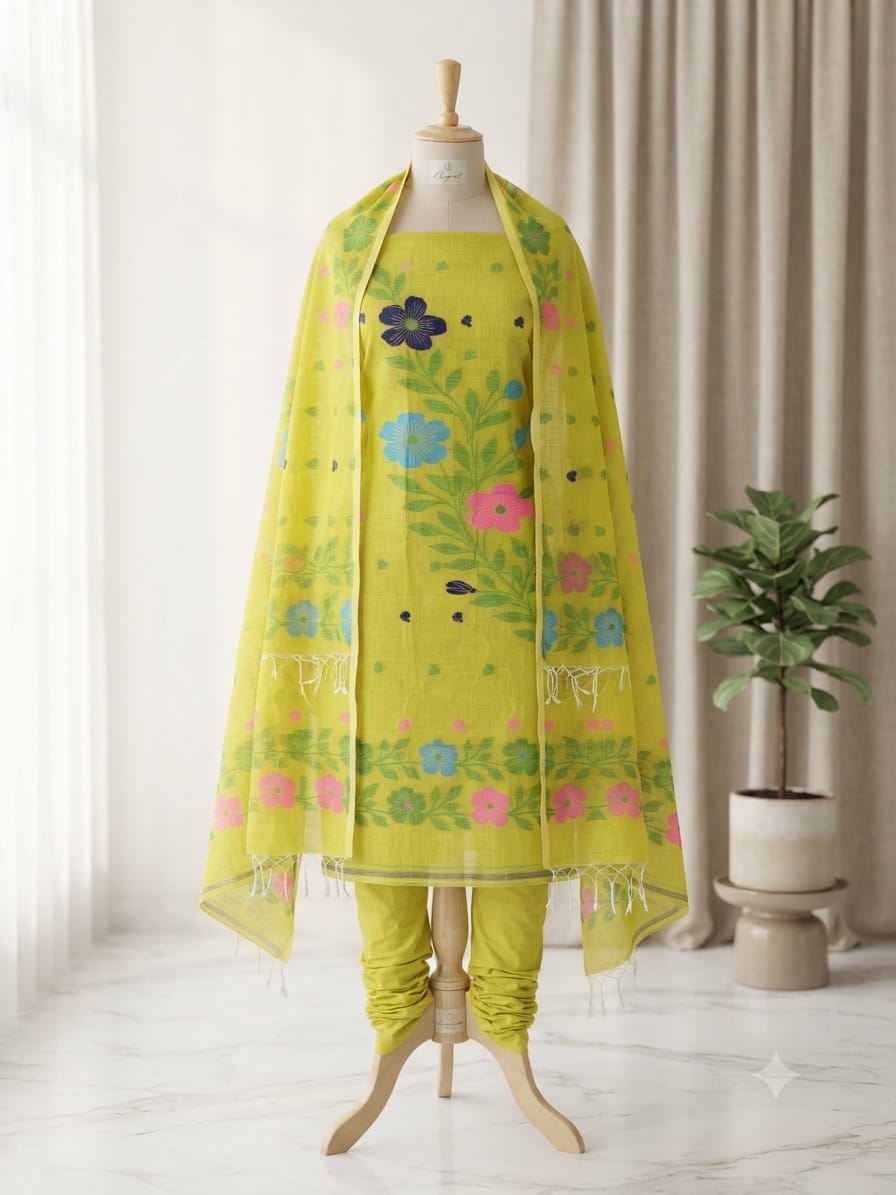 A three-piece women's salwar kameez suit set in bright yellow, the set includes a printed yellow kameez top, matching yellow trousers, and a coordinating yellow dupatta with colorful floral embroidery.