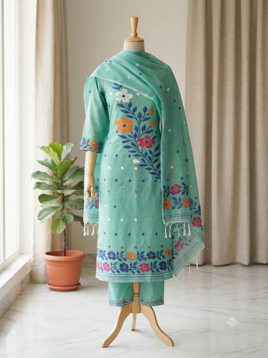 A mint green three-piece salwar kameez suit set with colorful floral embroidery.