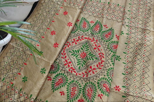 CHANDERI SAREE WITH PHULKARI WORK