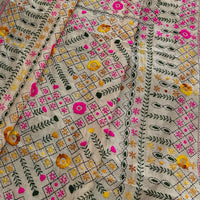 LINEN CHANDERI SAREE WITH PHULKARI WORK
