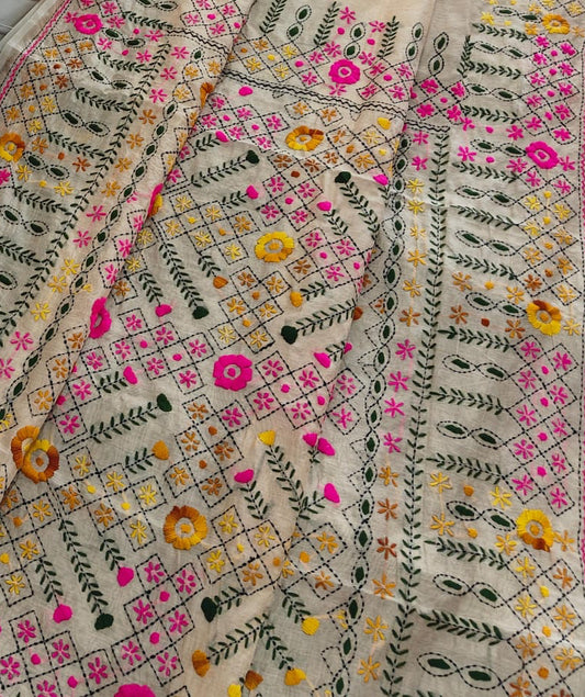 LINEN CHANDERI SAREE WITH PHULKARI WORK