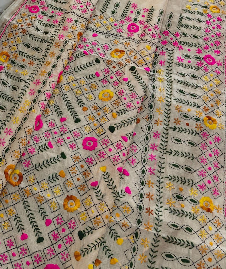 LINEN CHANDERI SAREE WITH PHULKARI WORK