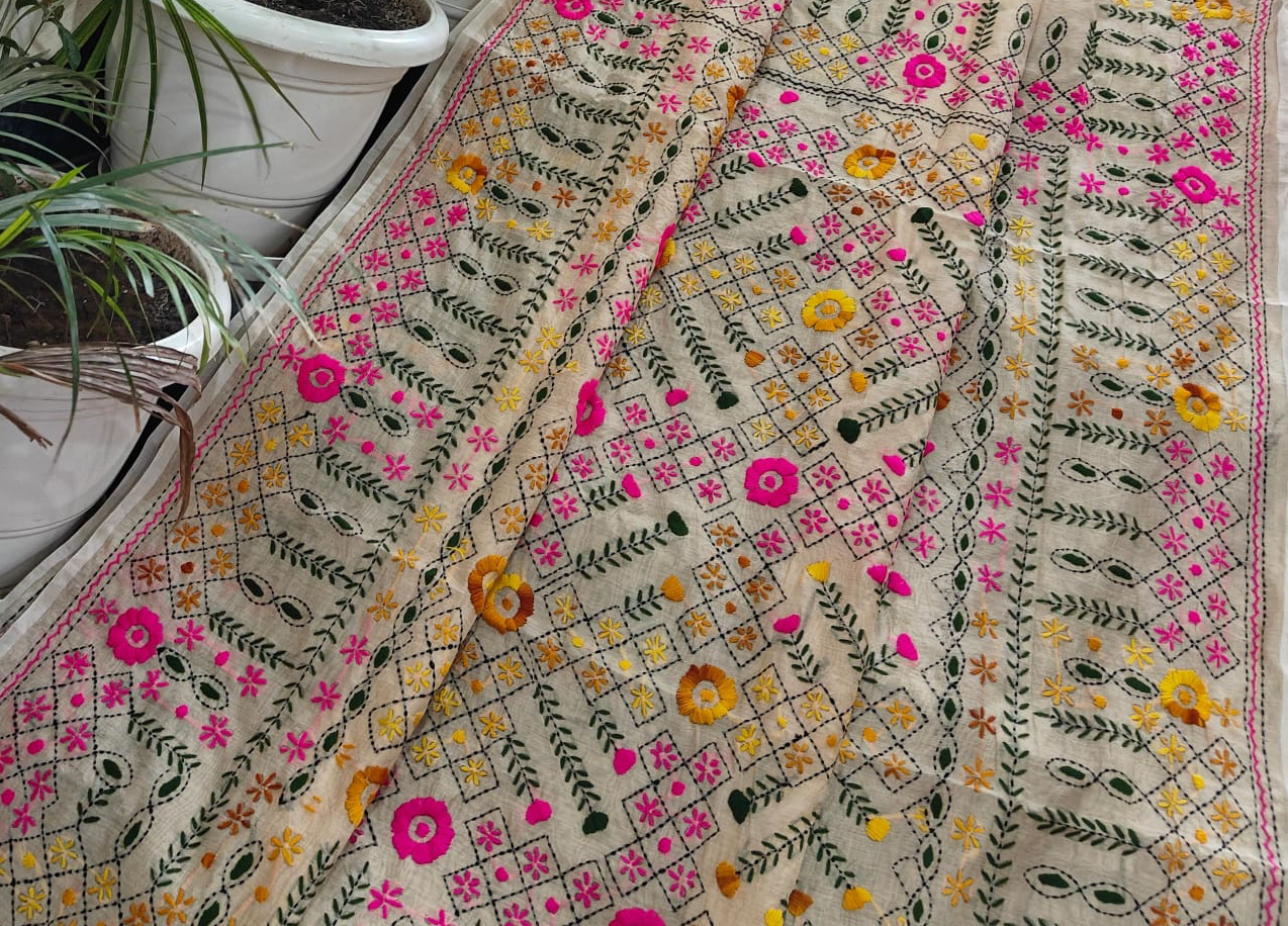 LINEN CHANDERI SAREE WITH PHULKARI WORK