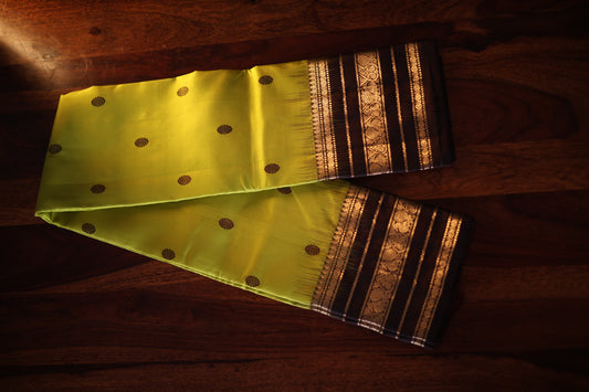 Lime Green Kanjeevaram Silk Saree with Espresso Brown Zari Border