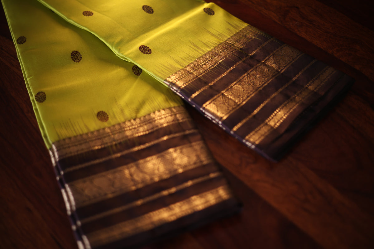 Lime Green Kanjeevaram Silk Saree with Espresso Brown Zari Border