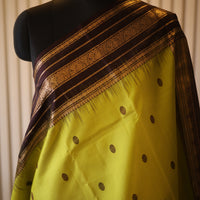 Lime Green Kanjeevaram Silk Saree with Espresso Brown Zari Border