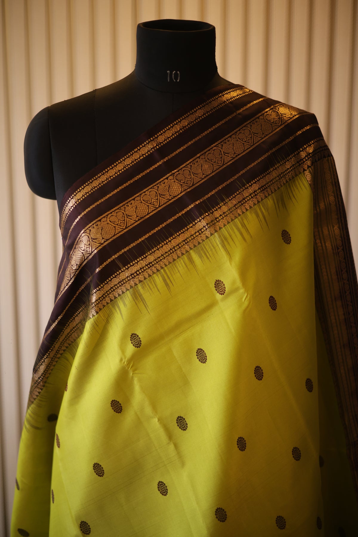 Lime Green Kanjeevaram Silk Saree with Espresso Brown Zari Border