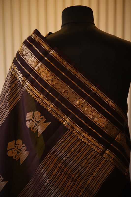 Lime Green Kanjeevaram Silk Saree with Espresso Brown Zari Border