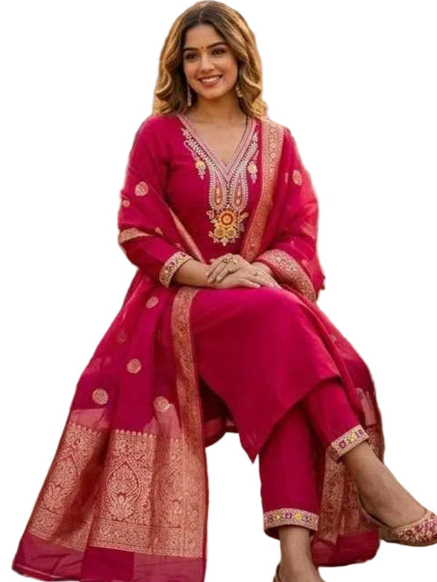 ROMAN SILK KURTI SET WITH BEAUTIFUL EMBROIDERY
