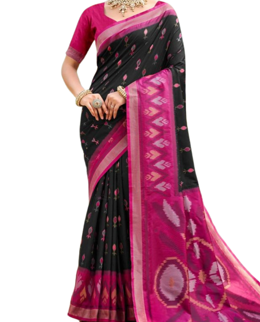 Black with Magenta Soft Silk Designer Pochampalli Saree