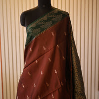 Rust Brown and Green Kanjeevaram Silk Saree with Zari Weave