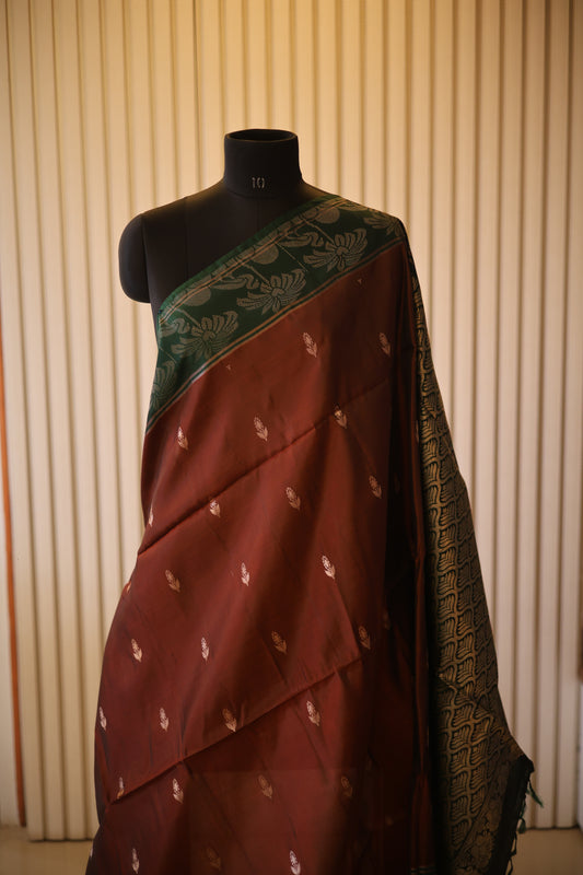 Rust Brown and Green Kanjeevaram Silk Saree with Zari Weave