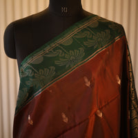 Rust Brown and Green Kanjeevaram Silk Saree with Zari Weave