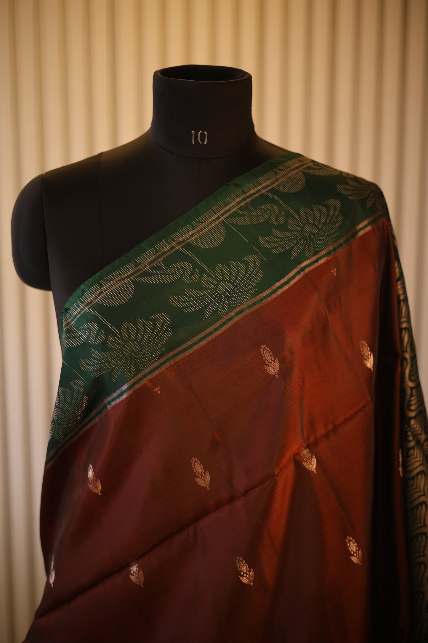 Rust Brown and Green Kanjeevaram Silk Saree with Zari Weave